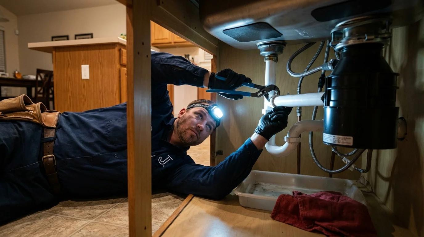 P-trap and supply line connections under a kitchen sink showing a common leak point in Union, SC